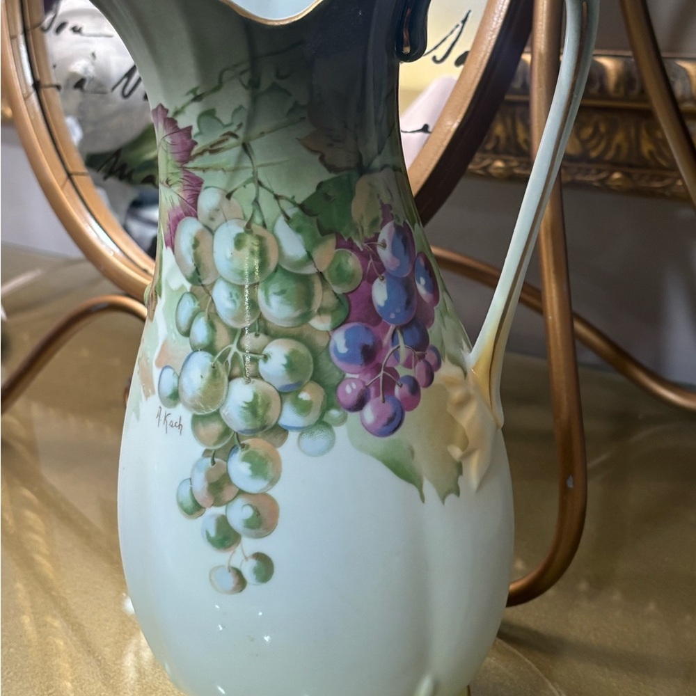 Elegant Vintage Andrea by Sadek Gold Trimmed Hand Painted Grape Design Pitcher